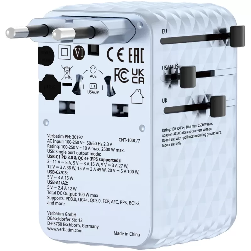 Адаптер универсальный Verbatim Charge 'n' Travel 100W GaN III blue 30192