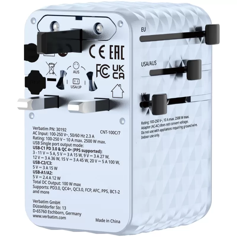 Адаптер универсальный Verbatim Charge 'n' Travel 100W GaN III blue 30192