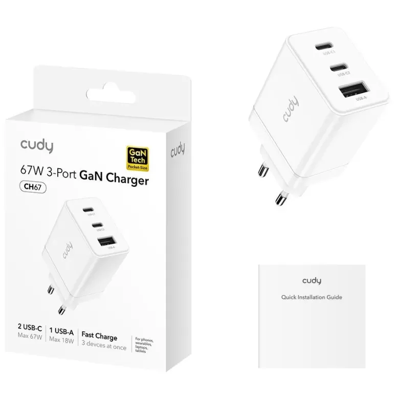 מטען USB-C CUDY CH67_EU 67W Charger 2x USB-C + USB-A CH67_EU