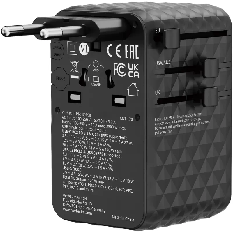 Адаптер универсальный Verbatim Charge 'n' Travel 170W GaN III 30190 Цвет:чёрный