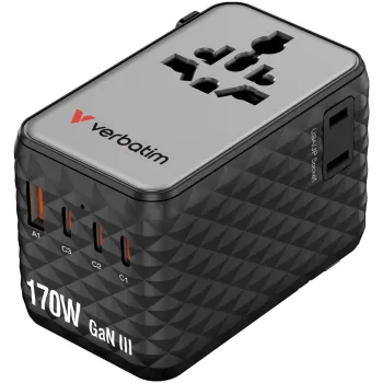 מתאם נסיעות אוניברסלי Verbatim Charge 'n' Travel 170W GaN III 30190 צבע שחור מתאם נסיעות אוניברסלי Verbatim Charge 'n' Travel 170W GaN III 30190 צבע שחור