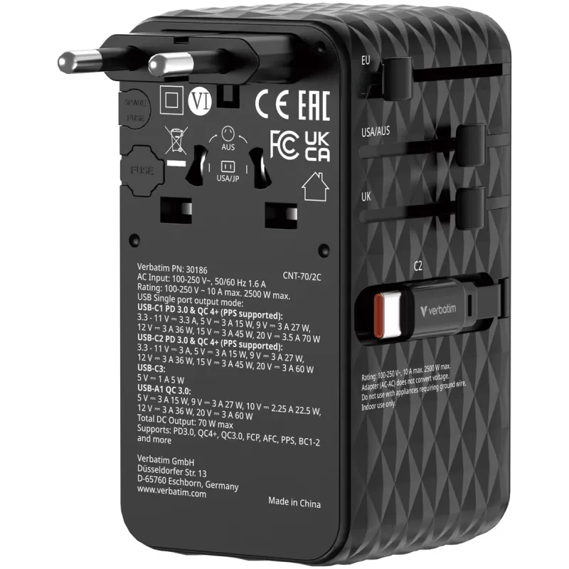Адаптер универсальный Verbatim Charge 'n' Travel 70W GaN III black 30186
