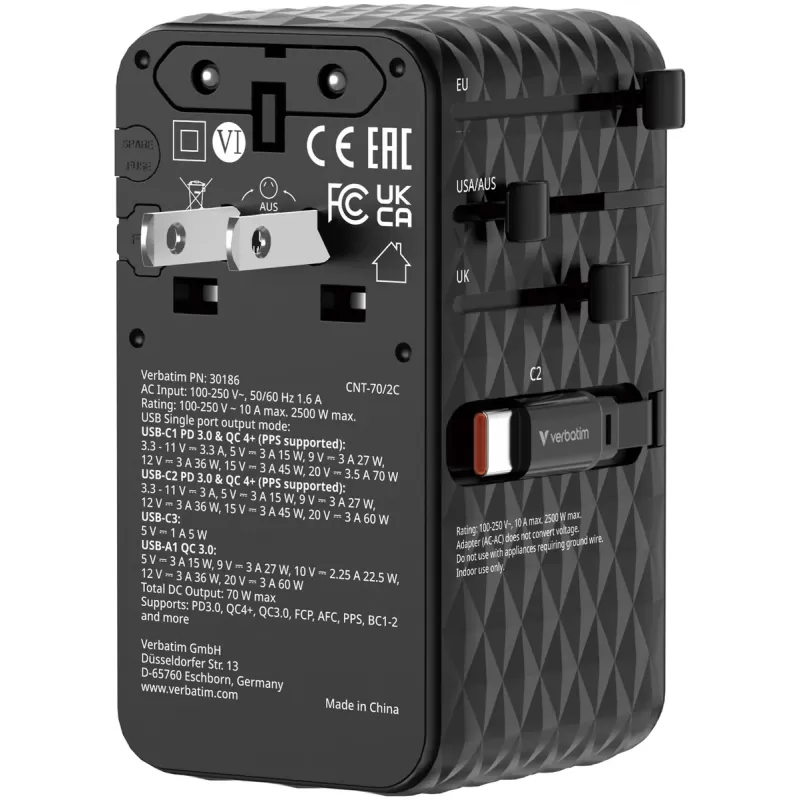 Адаптер универсальный Verbatim Charge 'n' Travel 70W GaN III black 30186