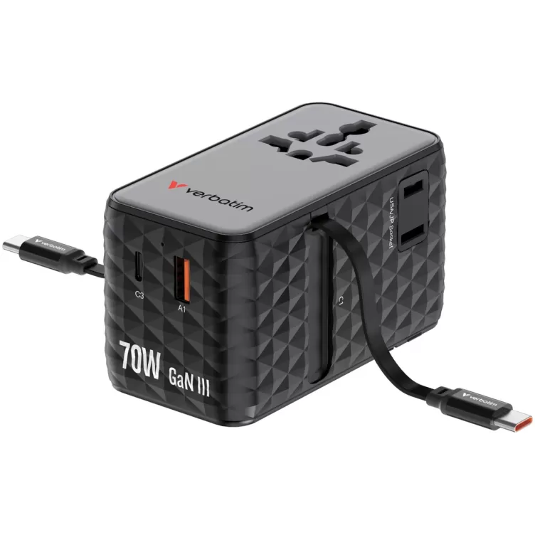 Адаптер универсальный Verbatim Charge 'n' Travel 70W GaN III black 30186