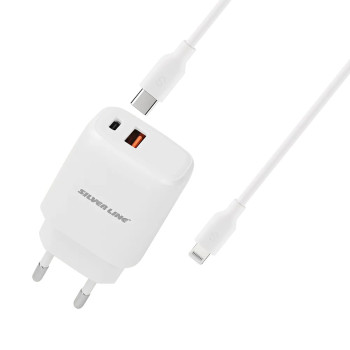 Fast wall charger Silver Line PD20W + QC3.0 18W + Ligtning to Type C Cable..