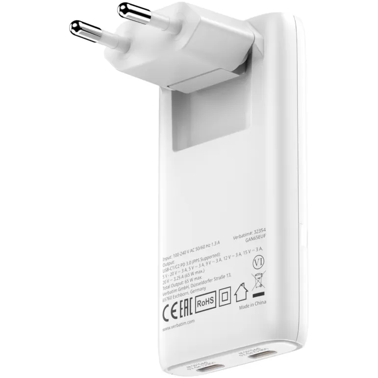 Зарядное устройство Verbatim Fold 'n' Go GaN Charger 65W white 32355