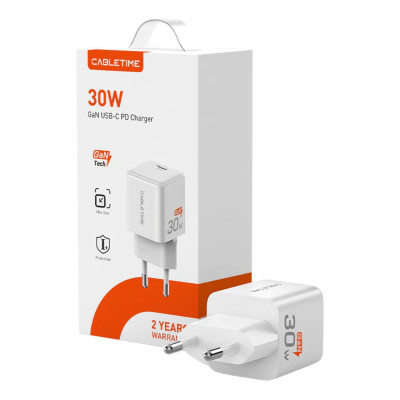 Fast wall charger CABLETIME 30W GaN PD3.0 USB-C Compact white GA30W.. Fast wall charger CABLETIME 30W GaN PD3.0 USB-C Compact white GA30W..