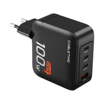 Быстрое настенное зарядное устройство CABLETIME 100W GaN PD3.0 USB (C+C+C+A) Быстрое настенное зарядное устройство CABLETIME 100W GaN PD3.0 USB (C+C+C+A)