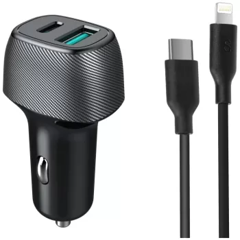 Fast Car Charger Silver Line PD25W+QC18W + Lightning to Type-C Cable Color:black
