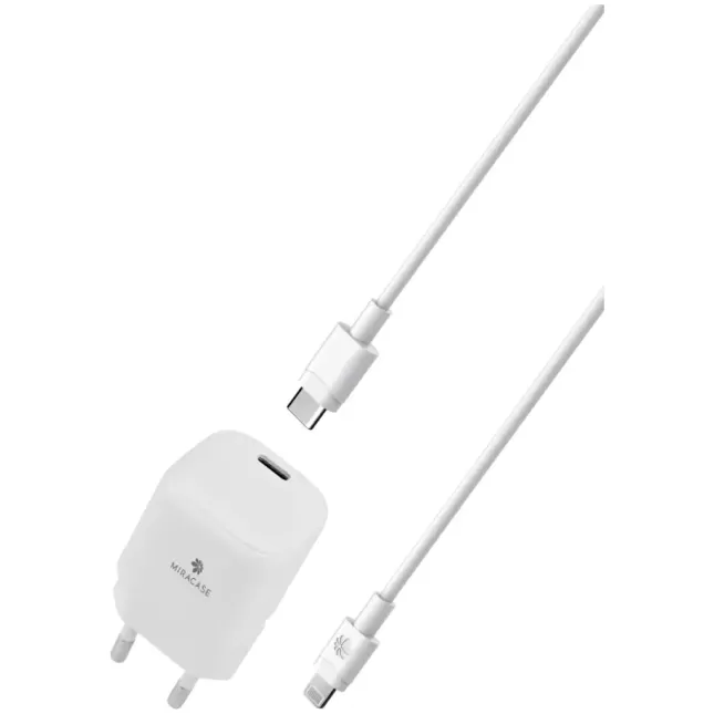 מטען קיר מהיר Miracase MWC20 20W USB-C + Lightning MFi Cable 1.2m צבע לבן