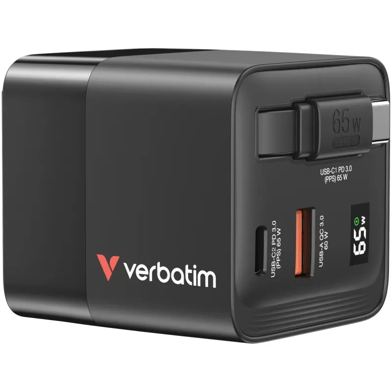 Зарядное устройство Verbatim GaN Wall Charger 65W 2-Port with Retractable Cable 32217 Цвет:чёрный Зарядное устройство Verbatim GaN Wall Charger 65W 2-Port with Retractable Cable 32217 Цвет:чёрный