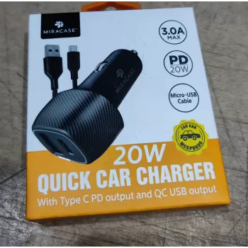 מטען רכב Miracase PD 20W 3.0A Fast Car Charger with USB-A to Micro-USB Cable MCCPD600 צבע שחור