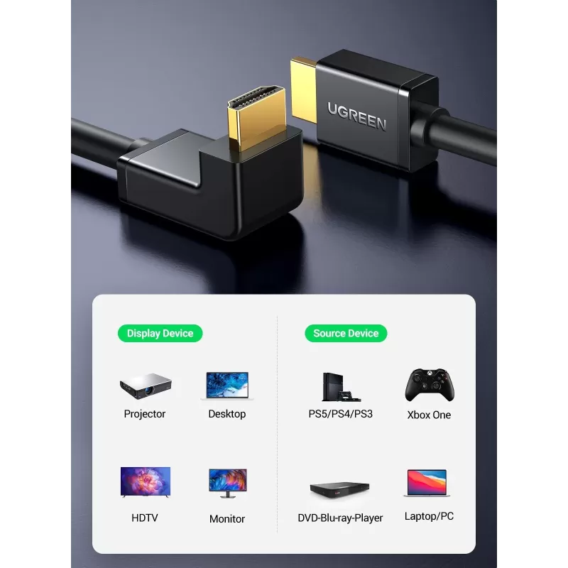 Cable UGREEN HDMI 2.0 4K/60Hz 90° Gold Plated 2m Cable 10173