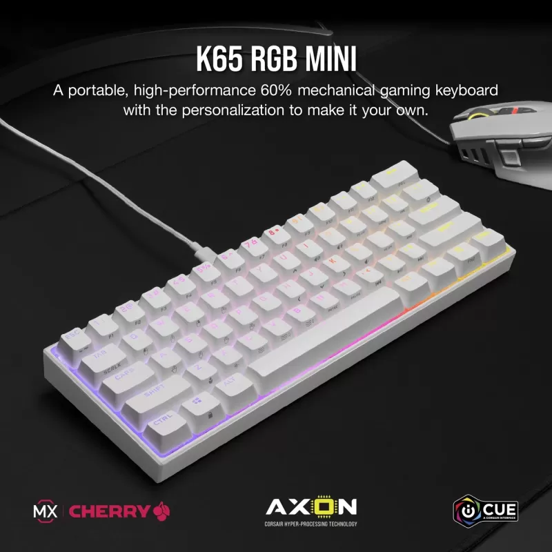 מקלדת גיימינג Corsair K65 White RGB MINI 60% לבנה צבע לבן