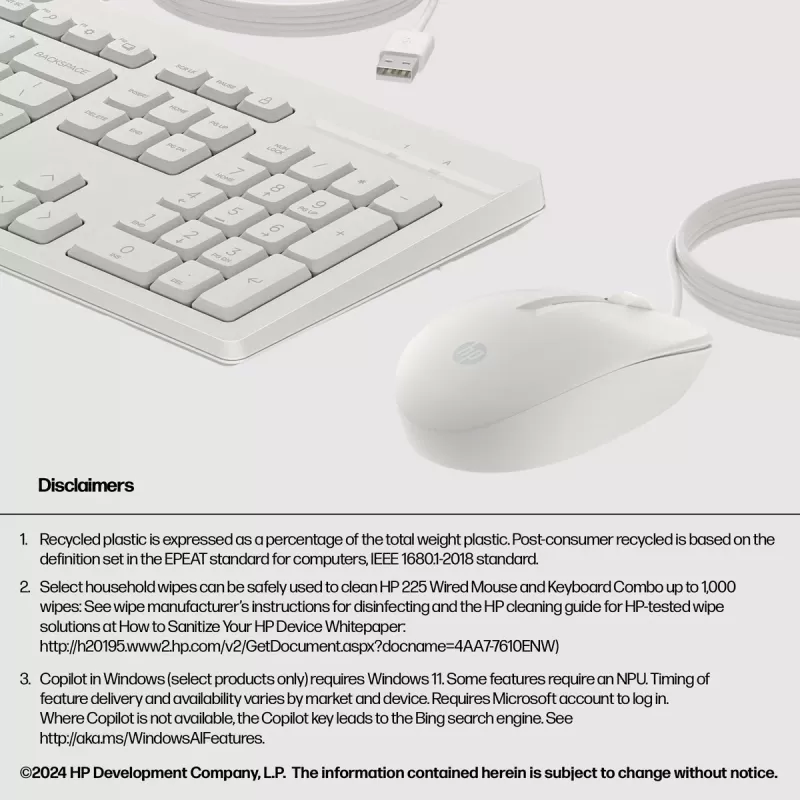 סט מקלדת ועכבר חוטי HP 225 Wired Mouse and Keyboard G2 לבן AW5S6AA