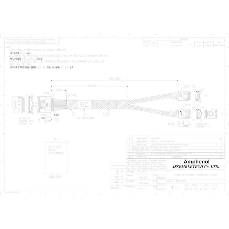 Кабель Amphenol SlimSAS SFF-8654 x8 to 2x SFF-8654 x4 RSL74-9219