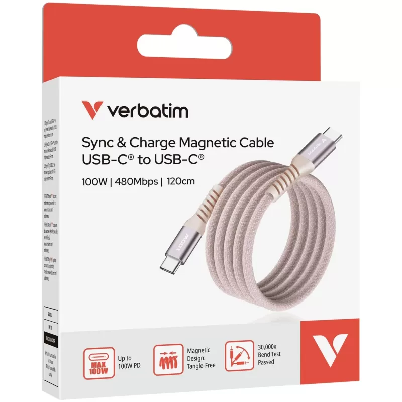 Кабель Verbatim Sync & Charge Magnetic Cable USB-C to USB-C 100W 1.2m pink Кабель Verbatim Sync & Charge Magnetic Cable USB-C to USB-C 100W 1.2m pink