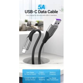 Cable Vention USB-A to USB-C 5A/40W Super Charge 1m Cable Color:black Cable Vention USB-A to USB-C 5A/40W Super Charge 1m Cable Color:black