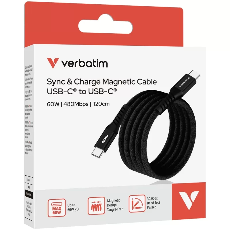 Кабель Verbatim Sync & Charge Magnetic Cable USB-C to USB-C 60W 1.2m black Кабель Verbatim Sync & Charge Magnetic Cable USB-C to USB-C 60W 1.2m black