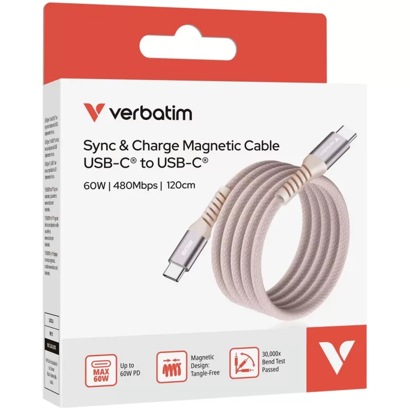 Cable Verbatim Sync & Charge Magnetic Cable USB-C to USB-C 60W 1.2m pink