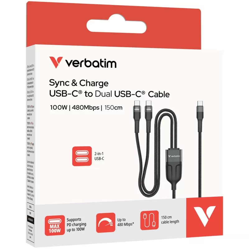 Cable Verbatim Sync & Charge USB-C to Dual USB-C Cable 1.5m