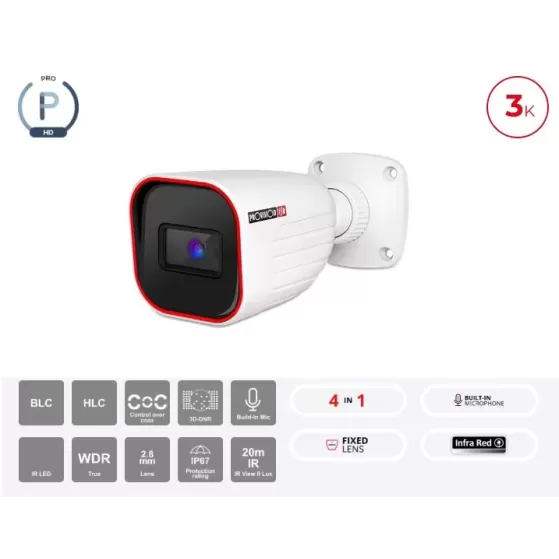 מצלמת צינור Provison I2-33K0AP AHD 2.8mm Lens 20m IR IP67 I2-33K0AP-2.8 צבע לבן