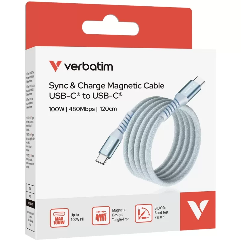Cable Verbatim Sync & Charge Magnetic Cable USB-C to USB-C 100W 1.2m blue Cable Verbatim Sync & Charge Magnetic Cable USB-C to USB-C 100W 1.2m blue