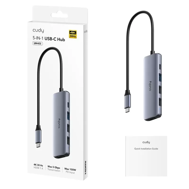 מפצל USB CUDY UH405 5-in-1 USB-C Hub HDMI 4K UH405