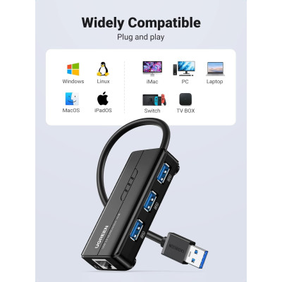 Разветвитель USB UGREEN USB-A to USB-A3.0 x3 + 1G LAN Hub 20265 Разветвитель USB UGREEN USB-A to USB-A3.0 x3 + 1G LAN Hub 20265