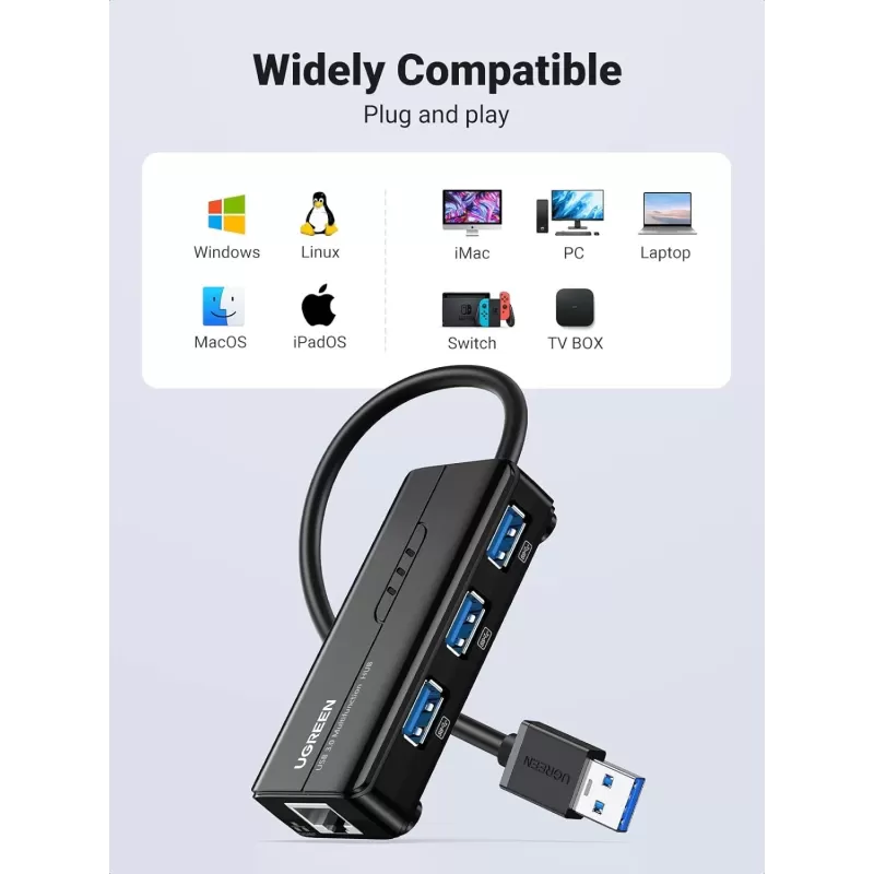 מפצל USB UGREEN USB-A to USB-A3.0 x3 + 1G LAN Hub 20265 צבע שחור