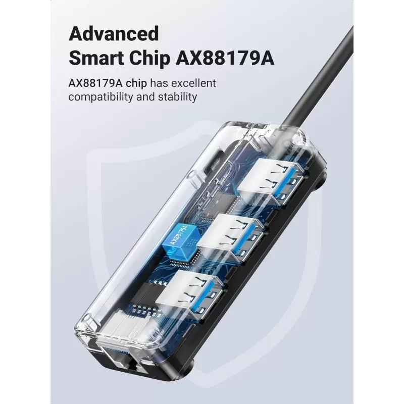 מפצל USB UGREEN USB-A to USB-A3.0 x3 + 1G LAN Hub 20265 צבע שחור