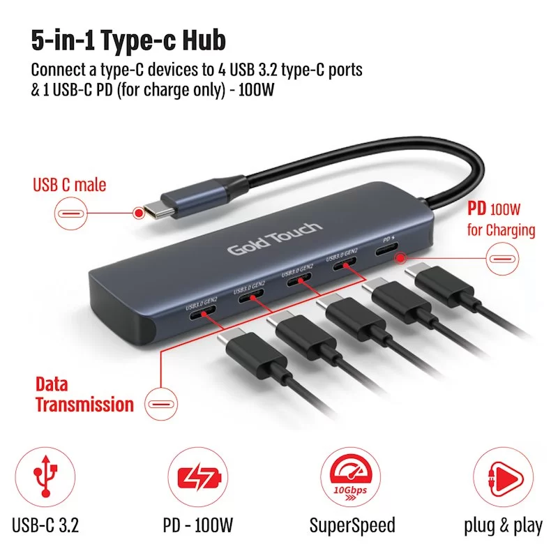 מפצל USB Gold Touch 5-in-1 Hub PD E-USB-C5 צבע זהב