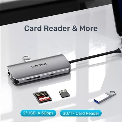 מפצל USB Unitek 8-in-1 USB-C Hub HDMI x2 | USB x2 | LAN | SD/MicroSD | PD 100W D1122A01 מפצל USB Unitek 8-in-1 USB-C Hub HDMI x2 | USB x2 | LAN | SD/MicroSD | PD 100W D1122A01