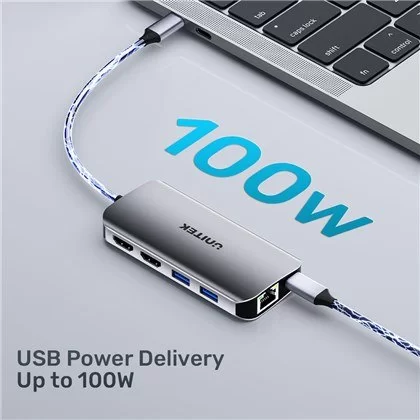 מפצל USB Unitek 8-in-1 USB-C Hub HDMI x2 | USB x2 | LAN | SD/MicroSD | PD 100W D1122A01 מפצל USB Unitek 8-in-1 USB-C Hub HDMI x2 | USB x2 | LAN | SD/MicroSD | PD 100W D1122A01