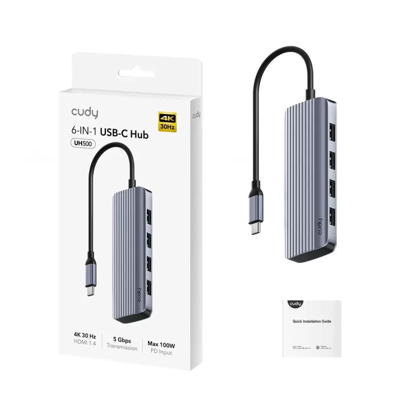 מפצל USB CUDY UH500 6-in-1 USB-C Hub 4K HDMI UH500