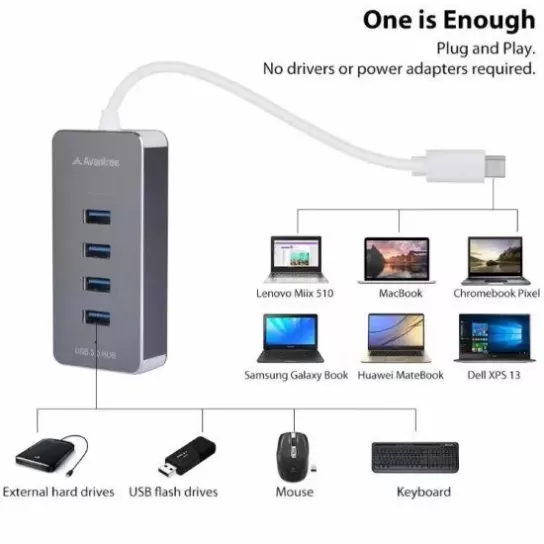 Разветвитель USB Avantree 4 Port USB Type C To USB3.0 Hub AV-FDKB-HUB001-GRY