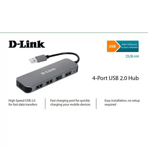 מפצל 4 יציאות USB2.0 כולל ספק כח D-Link DUB-H4/E1A