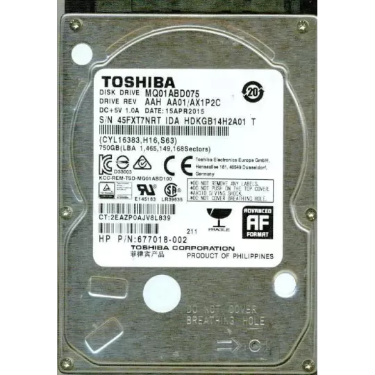 דיסק קשיח פנימי לנייד Toshiba MQ01ABD075 AAH AA01/AX1P2C 750 GB MQ01ABD075 2.5" 750GB מצב:משומש