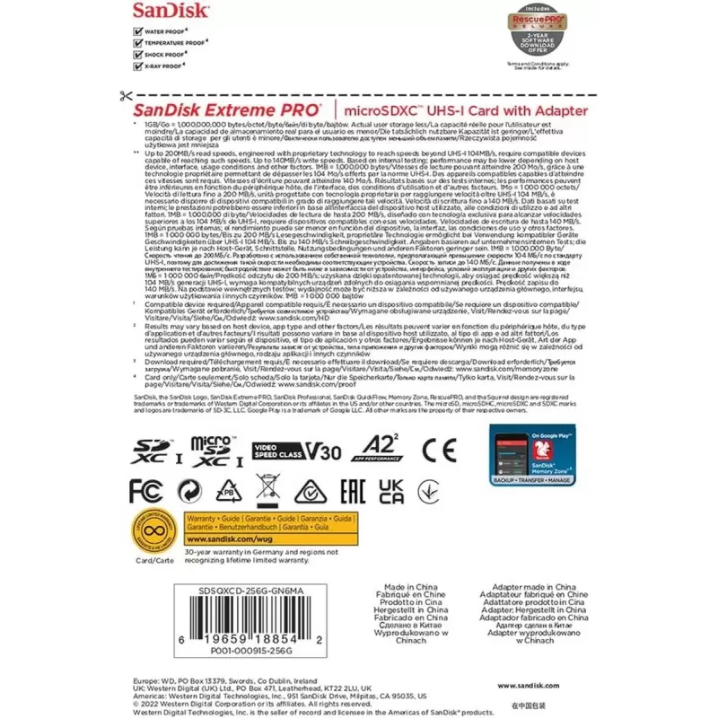 Memory Card with Adapter Sandisk Extreme Pro A2 Micro SDXC SDSQXCD-256G-GN6MA 256GB Memory Card with Adapter Sandisk Extreme Pro A2 Micro SDXC SDSQXCD-256G-GN6MA 256GB