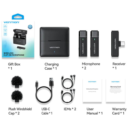 Беспроводная система петличного микрофона с зарядным кейсом Vention Clip-On
