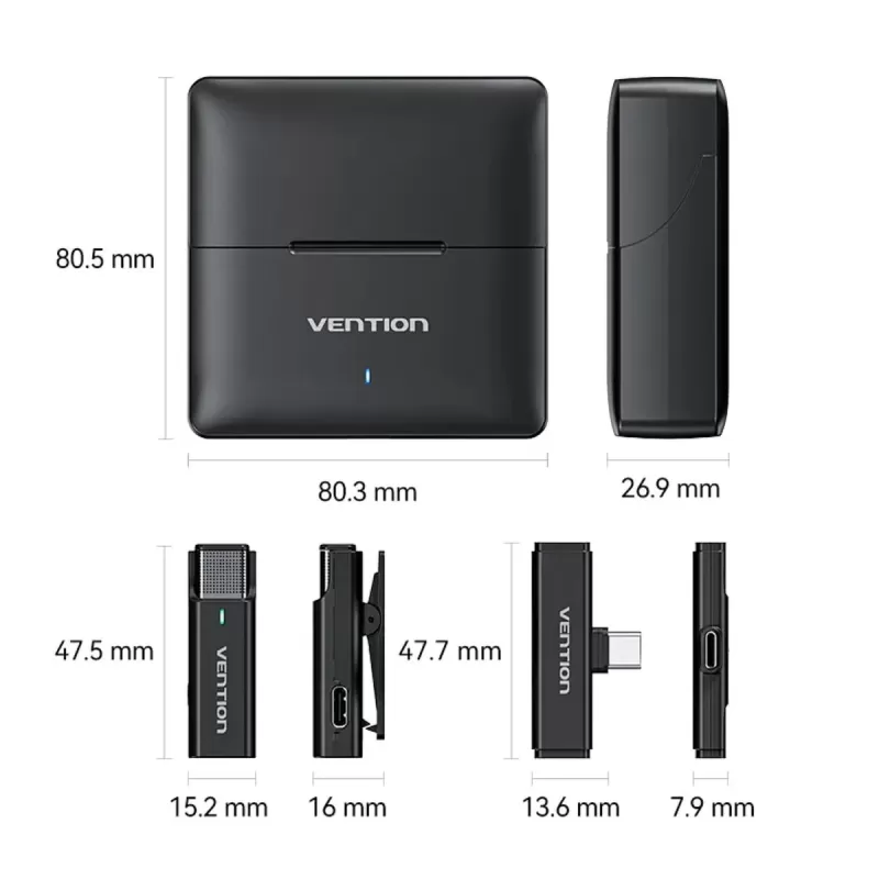 Wireless lapel microphone system with charging case Vention Clip-On Lavalier USB-C 48KHz NCAB0 Color:black