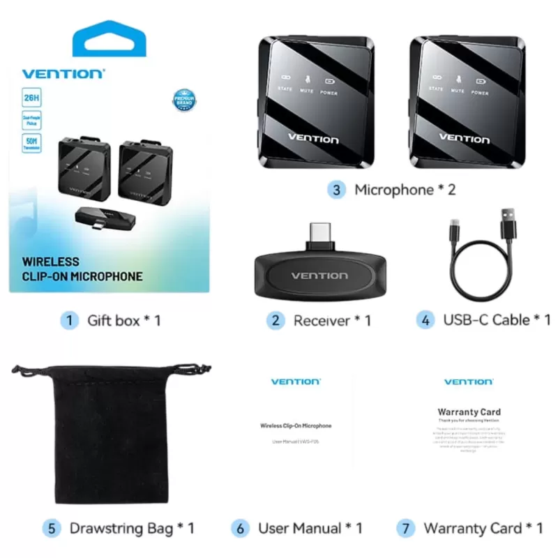 Wireless lapel microphone system with charging case Vention Clip-On Wireless 32KHz USB-C NCBB0 Color:black Wireless lapel microphone system with charging case Vention Clip-On Wireless 32KHz USB-C NCBB0 Color:black