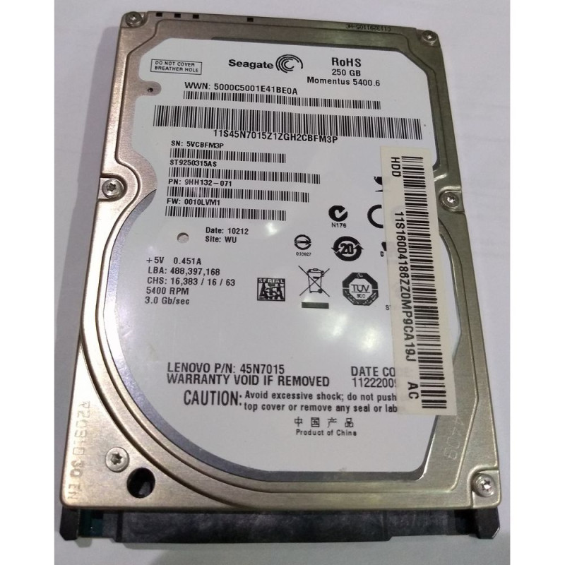 Internal Laptop HDD Seagate Momentus ST9250315AS 2.5" 250GB Condition:Used..