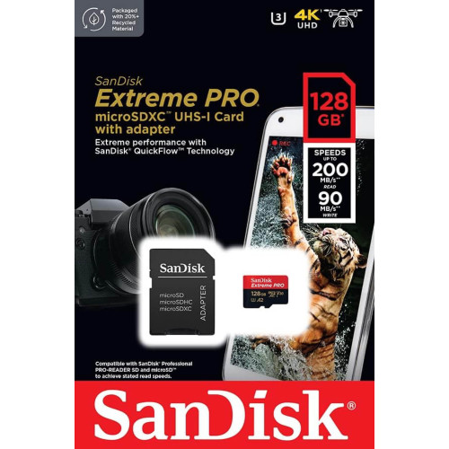 כרטיס זיכרון SanDisk 128GB Extreme PRO (Read: 200MBs | Write: 90MBs) microSD