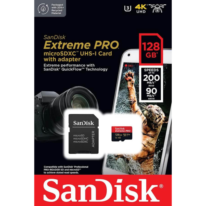 Memory Card SanDisk 128GB Extreme PRO (Read: 200MBs | Write: 90MBs) microSD