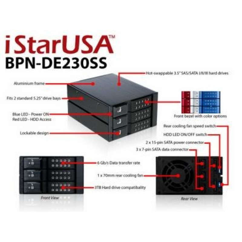 iStarUSA 5.25"x2 to 3.5"x3 SAS/SATA 6.0 Hot Swap Cage black BPN-DE230SS-BL