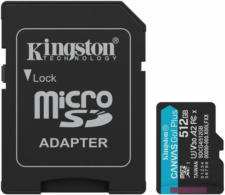 Карта памяти Kingston Canvas Go Plus G4 microSDXC 512 ГБ с адаптером SD, 200 МБ/с, A2, U3, V30