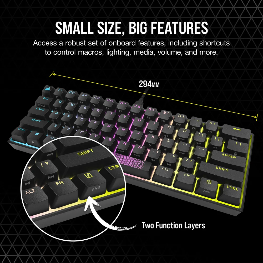 Corsair K65 RGB MINI 60% CHERRY MX Red Gaming Keyboard – Black – further details