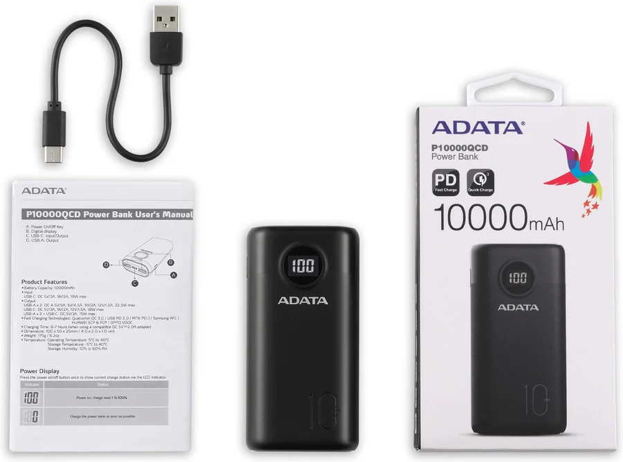 Portable Charger Adata P10000QCD Black