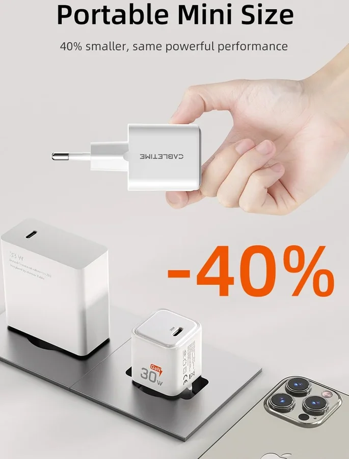 Быстрое сетевое зарядное устройство CABLETIME 30W GaN PD3.0 USB-C Compact белое